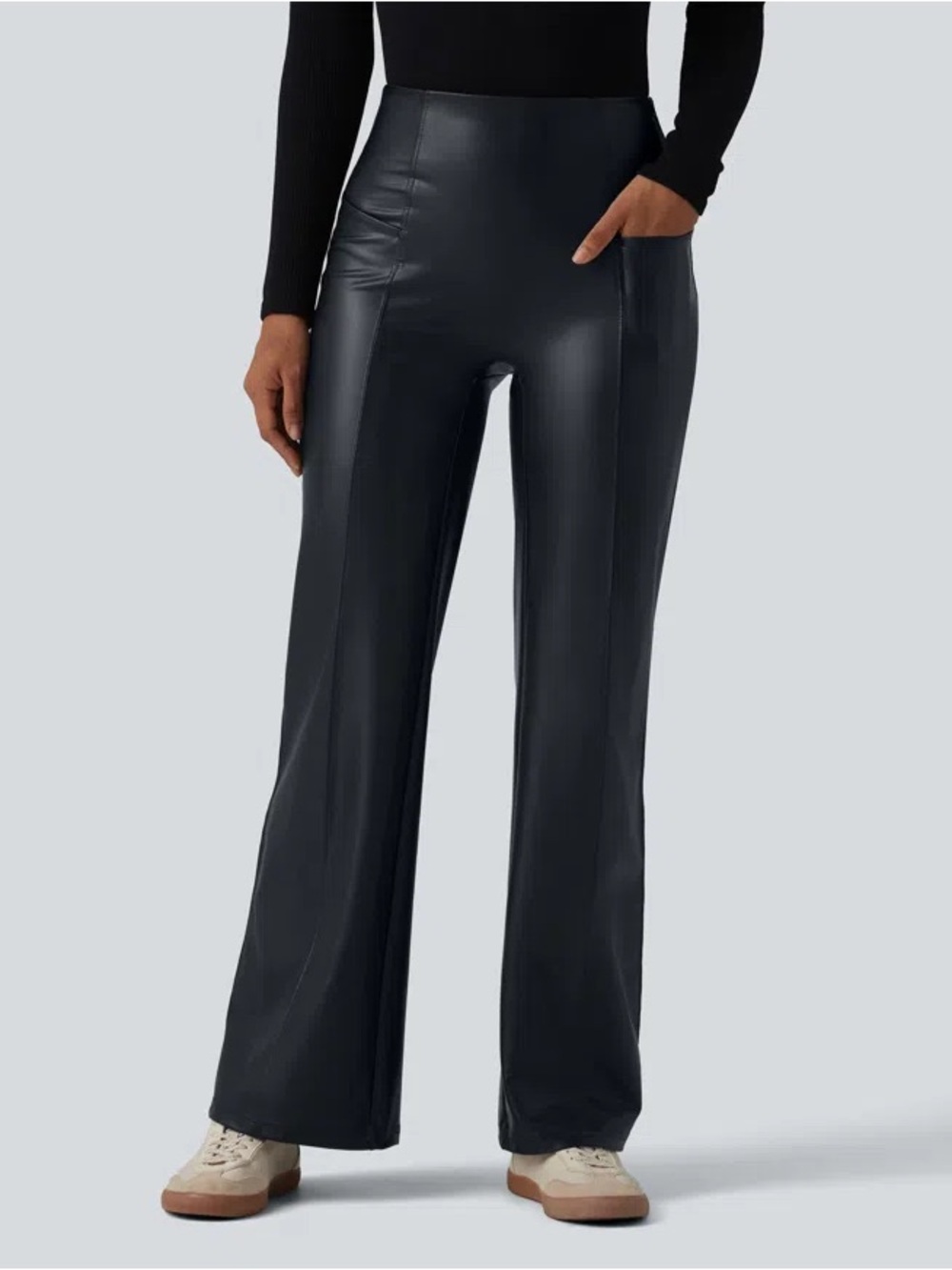 Halara High Waisted Tummy Control Stretchy PU Casual Flare Pants with Pockets L